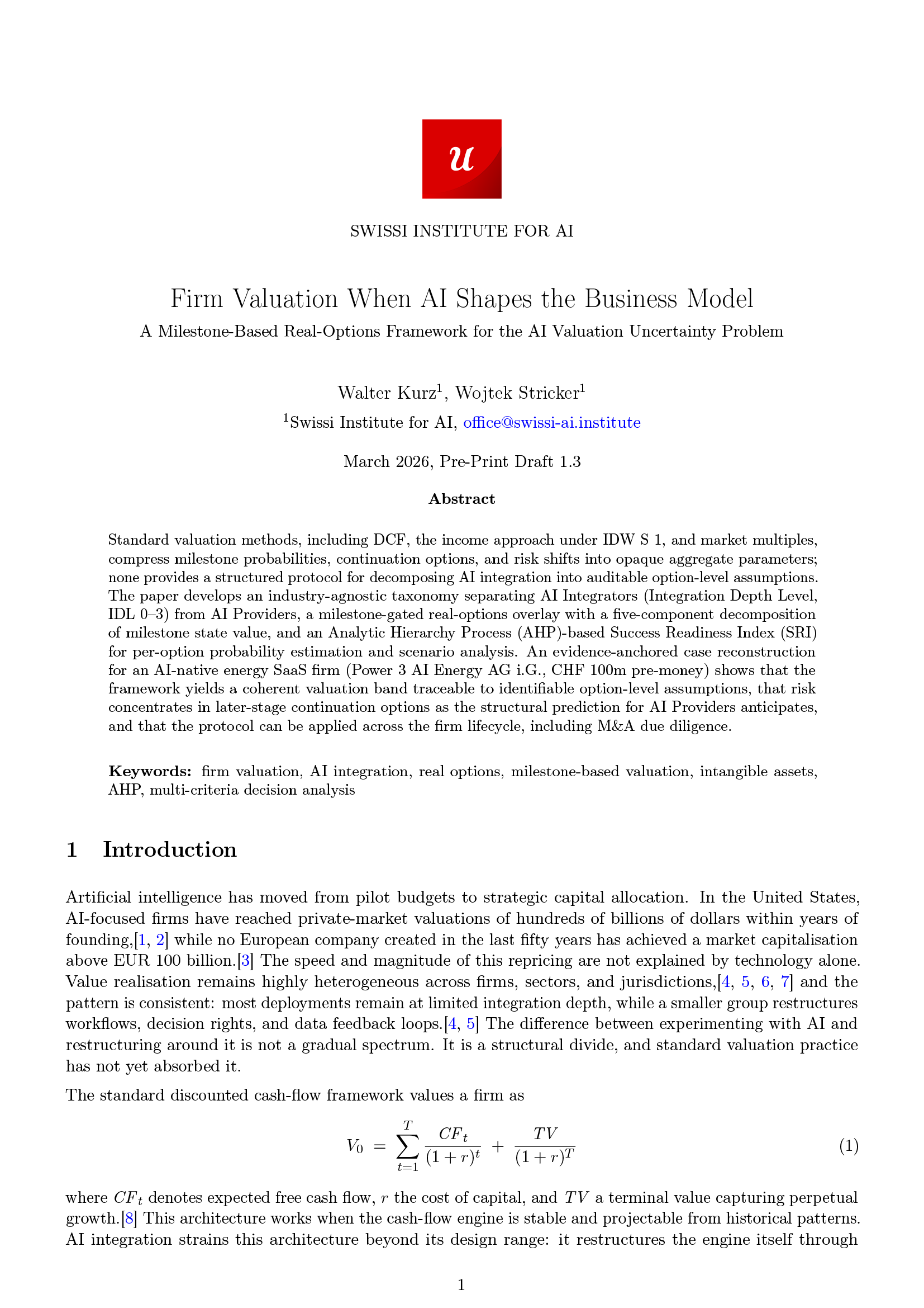 Firm Valuation When AI Shapes the Business Model — peer-reviewed research paper by Walter Kurz and Wojtek Stricker, Swissi Institute for AI